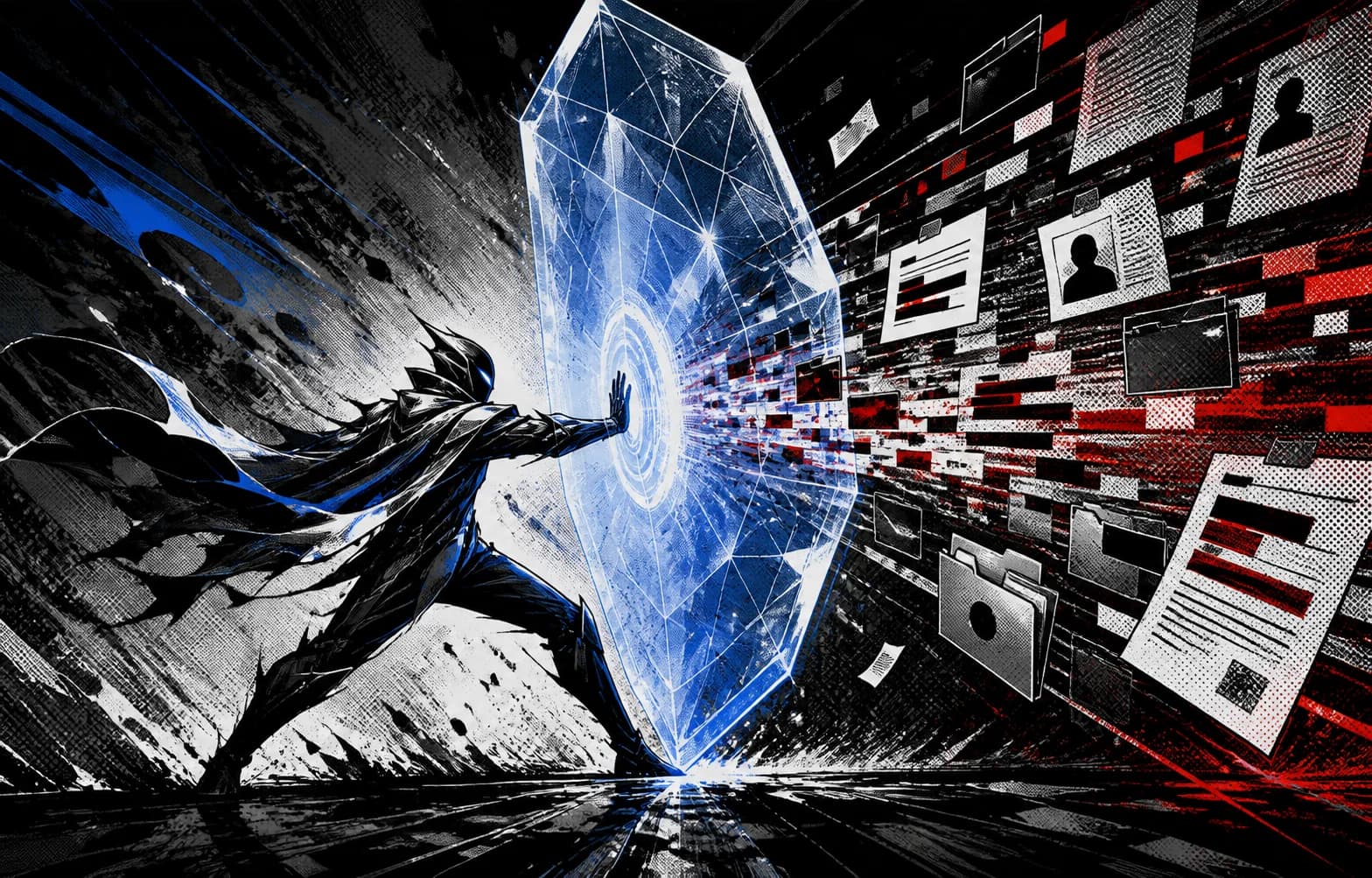 Original manga-style guardian stopping sensitive data at a digital shield