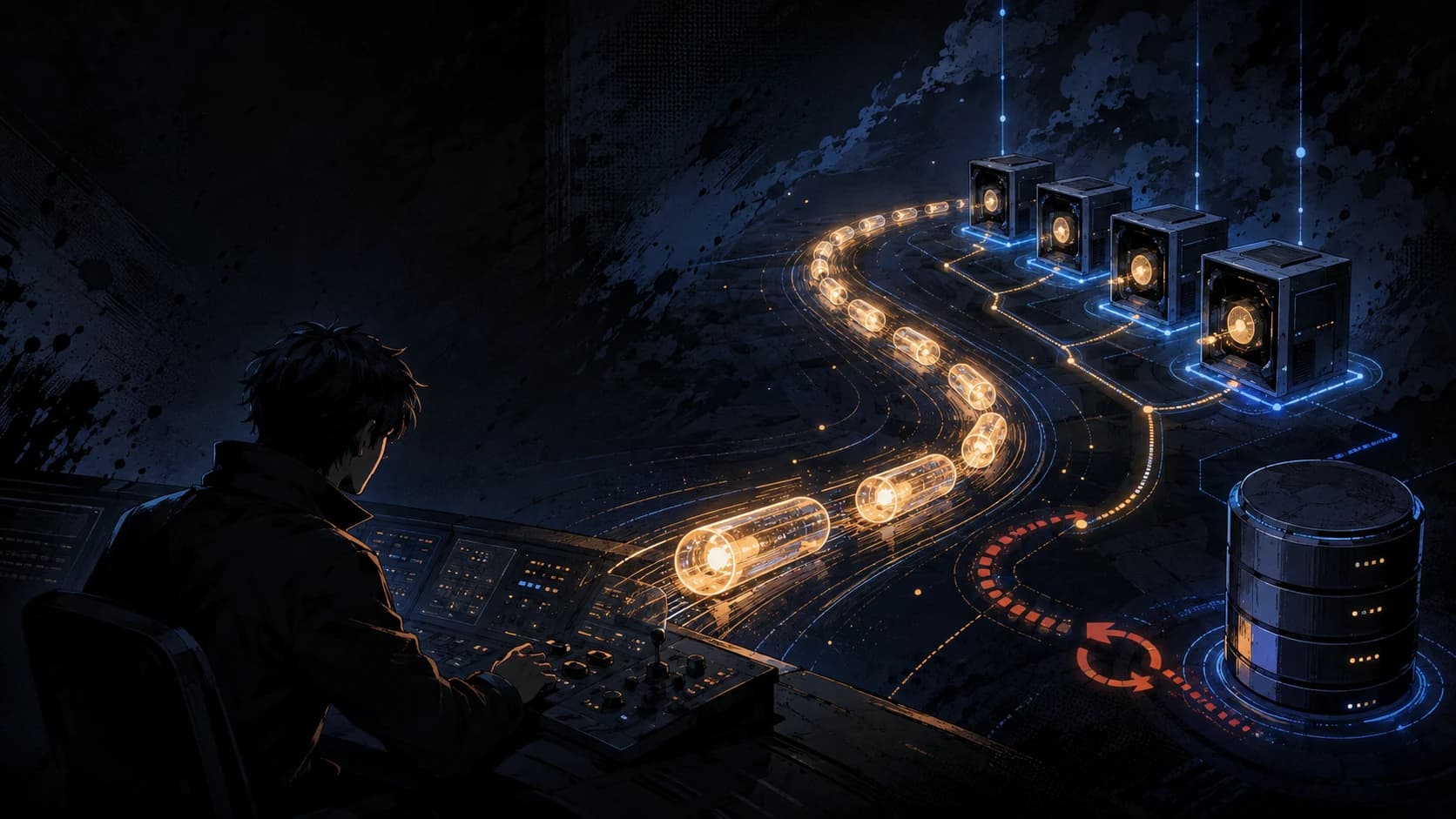 Original manga-inspired systems engineer routing luminous jobs to coordinated worker nodes